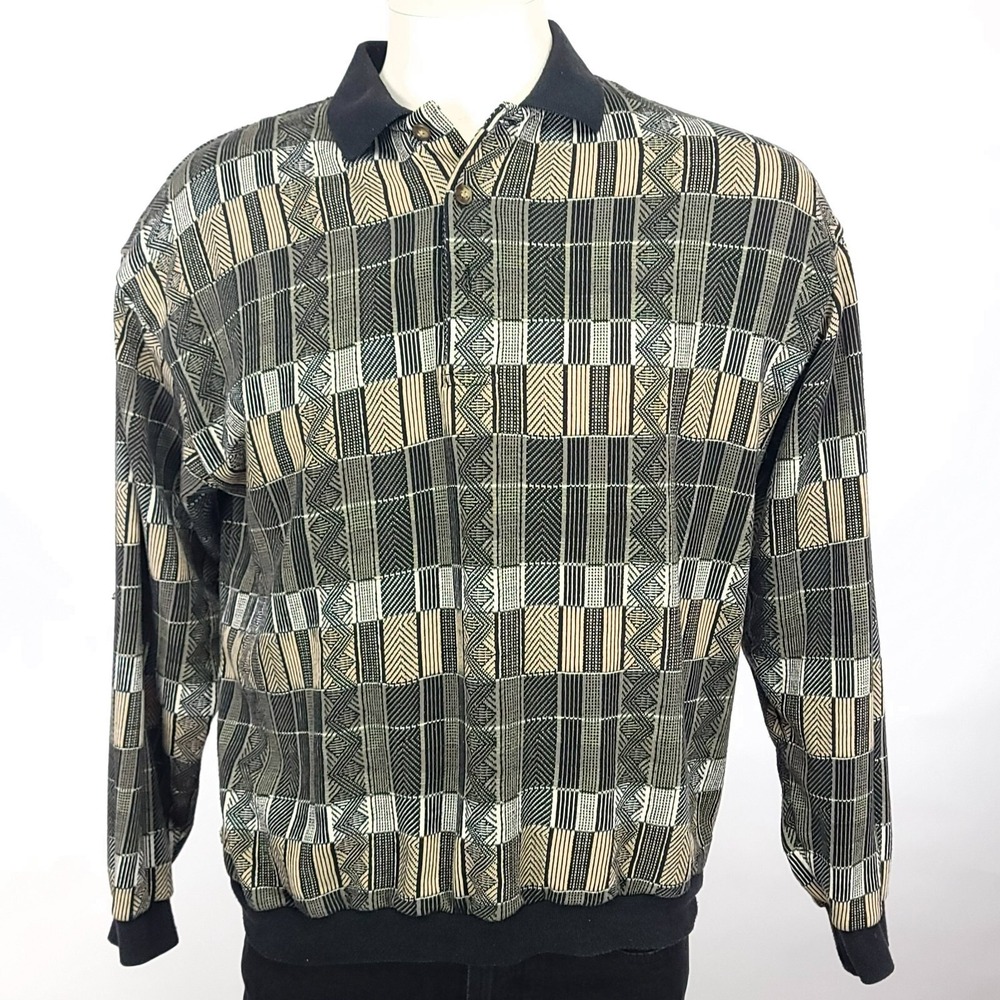Classics by Palmland Geometric Jacquard Polo Shirt Mens Medium Black Grey‎